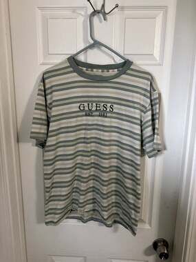 GUESS Originals Striped Green and White Spell Out T-Shirt